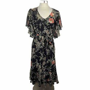 Girls From Savoy Dress 4 Womens Black Floral Silk Chiffon Midi Anthropologie